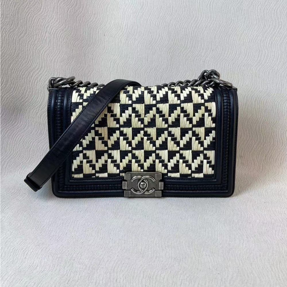CHANEL Black and White Lambskin Texture Le Boy Flap Bag Old Medium